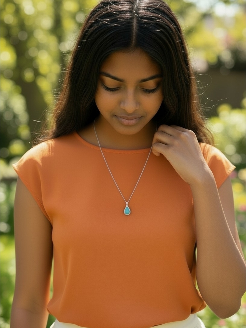 Sterling Silver Teardrop Necklace with Turquoise Stone - Blue